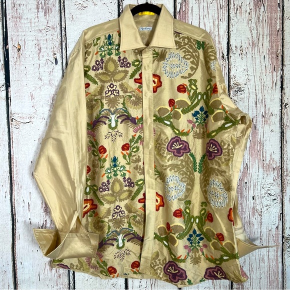 Ryan Kenny Other - Ryan Kenny Embroidered Silk Botanical Floral Button Down Shirt Made in Italy EUC